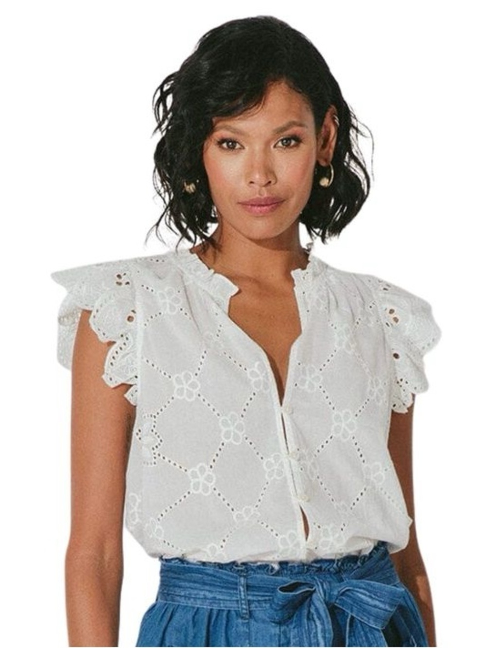 Cleobella Ivory Eyelet Verity Blouse Flutter Cap Sleeves Button Front Size L